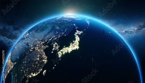 Photorealistic 3D Render of Earth from Space with Detailed View of Japan and Asia, Stars and Galaxies, Night Lights, Global Concept, High Resolution Planetary Image