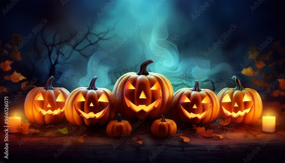 Pumpkin Trio Glowing Jack O Lanterns on a Smokey Dark Background Pumpkin Trio Glowing Jack O Lanterns on a Smokey Dark Background