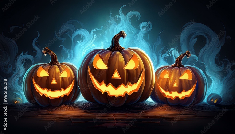 Pumpkin Trio Glowing Jack O Lanterns on a Smokey Dark Background Pumpkin Trio Glowing Jack O Lanterns on a Smokey Dark Background