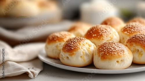 Golden brown cheese buns sprinkled with sesame seeds, freshly baked and arranged on a white plate, offering a delicious and appealing option for meals and snacks.