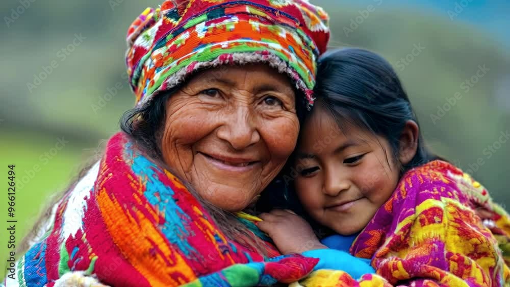 Smiling native indigenous people of Peru and South America, dressed in colorful native clothes Smiling native indigenous people of Peru and South America, dressed in colorful native clothes