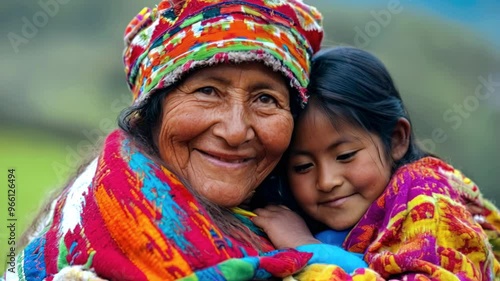 Smiling native indigenous people of Peru and South America, dressed in colorful native clothes