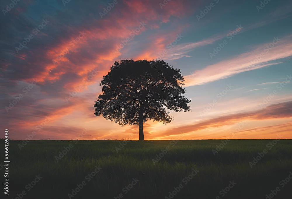A solitary tree stands against a vibrant sunset sky over a grassy field in early evening light A solitary tree stands against a vibrant sunset sky over a grassy field in early evening light