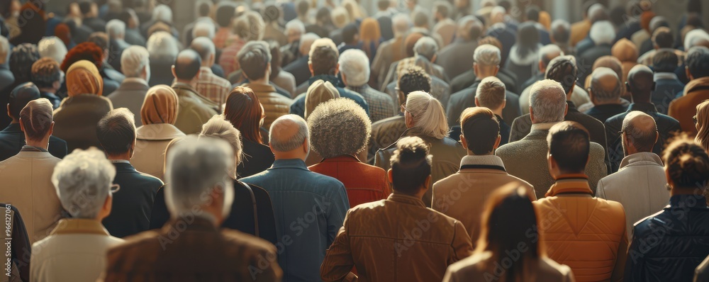 Obraz premium A diverse crowd of people gathered under a warm light, each person reflecting different emotions and perspectives.