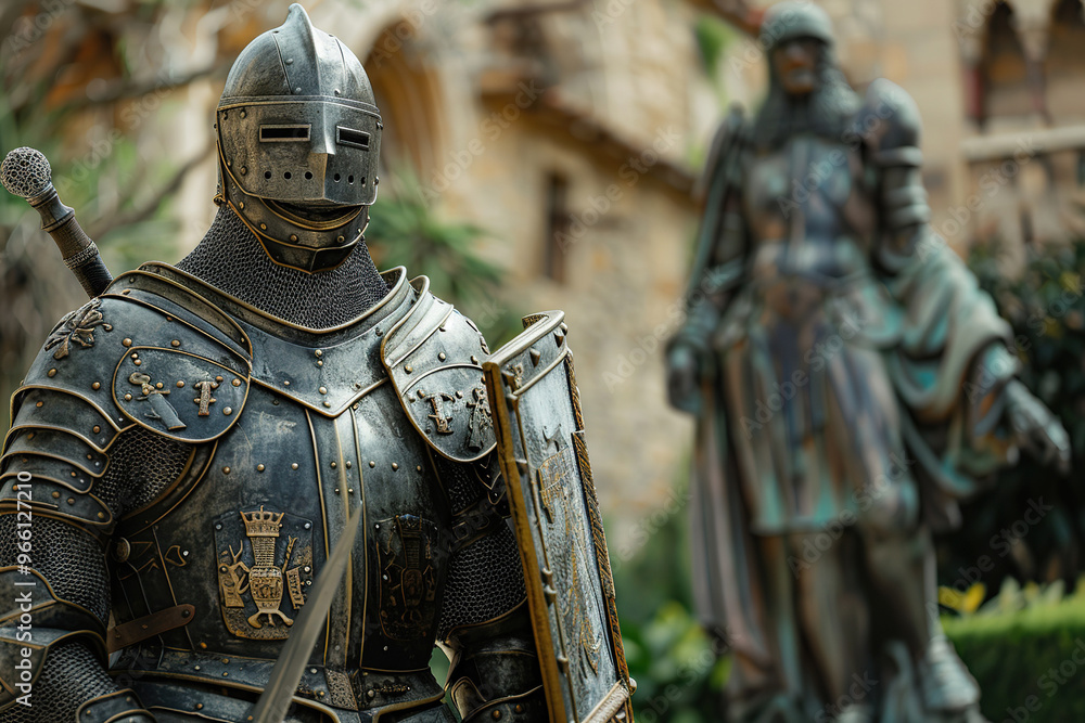 A fantastic royal knight in armor guards the castle chambers A fantastic royal knight in armor guards the castle chambers