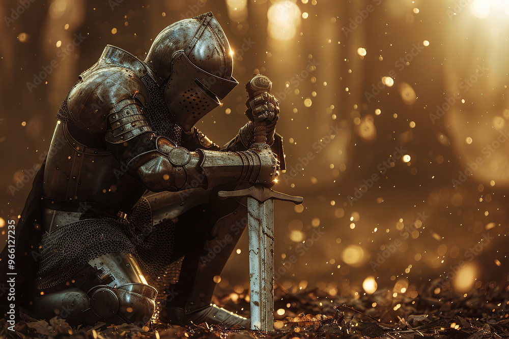 Fototapeta premium A fantastic royal knight in armor guards the castle chambers