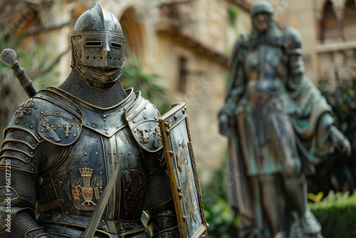 A fantastic royal knight in armor guards the castle chambers