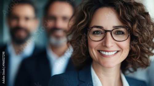 A close-up portrait of a smiling woman with curly hair wearing glasses, standing in front of out-of-focus colleagues in a professional environment.