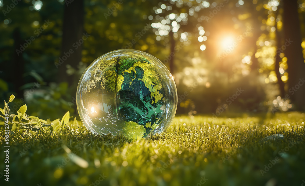 Concept Save the world save environment, Earth in a forest, green bokeh background