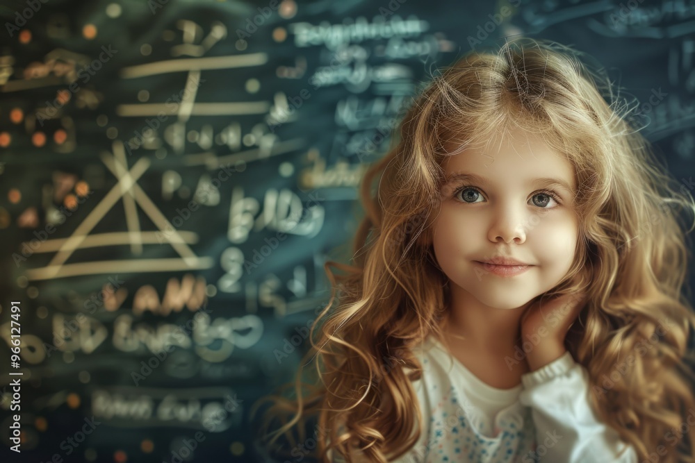 Little schoolgirl next to a school board with formulas Little schoolgirl next to a school board with formulas