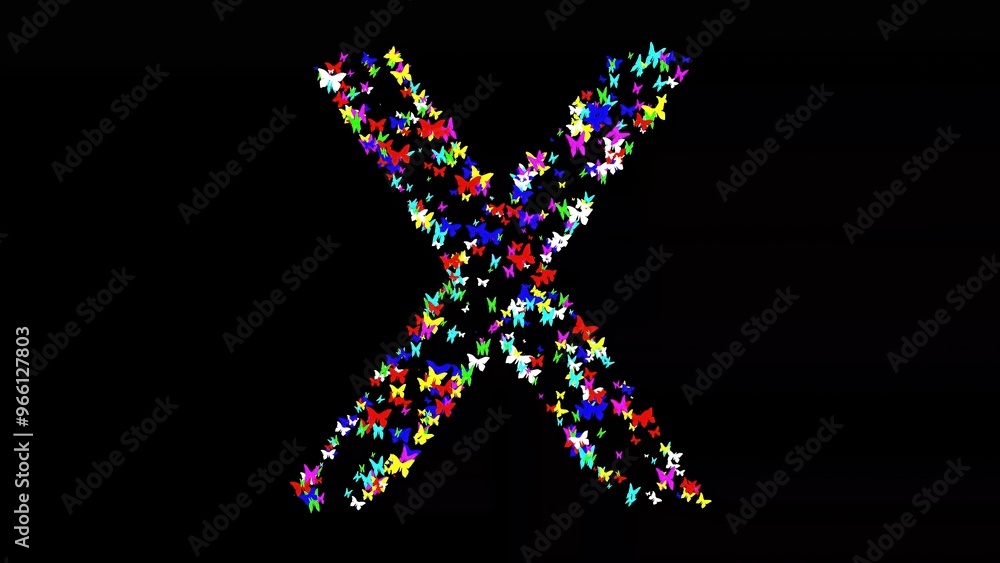 Beautiful illustration of English alphabet X with colorful butterflies on plain black background Beautiful illustration of English alphabet X with colorful butterflies on plain black background
