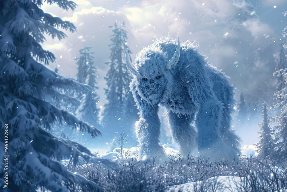 Huge fantasy yeti character in beautiful outdoor nature background Huge fantasy yeti character in beautiful outdoor nature background