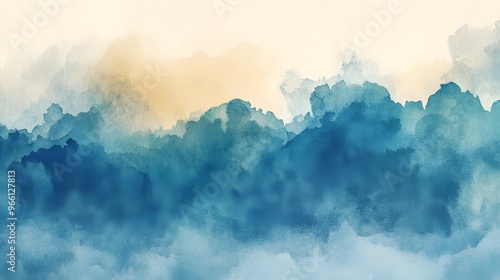 Abstract Watercolor Painting of Blue and White Mountains