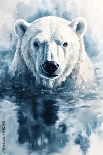 Majestic Polar Bear Swimming in Icy Arctic Waters with Tranquil Reflections