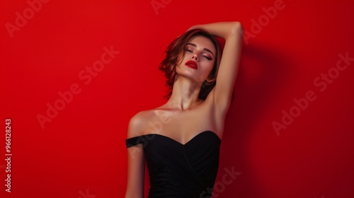 Wallpaper Mural beautiful sexy woman in black dress on red background Torontodigital.ca