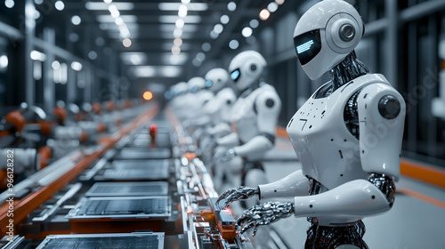 Robots working on an assembly line in modern factory setting, showcasing advanced technology and automation. scene highlights efficiency and precision in manufacturing processes