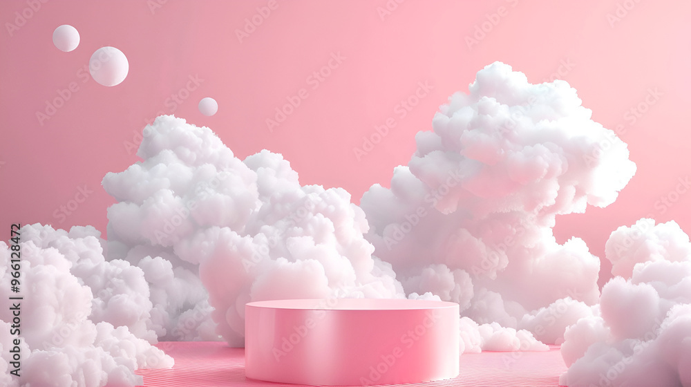 Minimal scene with pink podium and clouds ,Red 3d product display podium on cloud background with pastel colors and dreamy lighting Minimal scene with pink podium and clouds ,Red 3d product display podium on cloud background with pastel colors and dreamy lighting