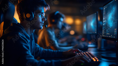 Gamer playing video games in dimly lit environment, focused on screen with headphones on. atmosphere is intense and immersive, showcasing excitement of gaming