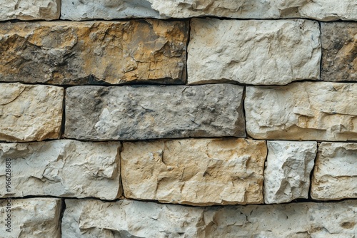 Textured artesia stone cladding wall made of various sizes of natural stones in shades of beige, gray, and brown, showcasing the rough surface and irregular shapes. photo