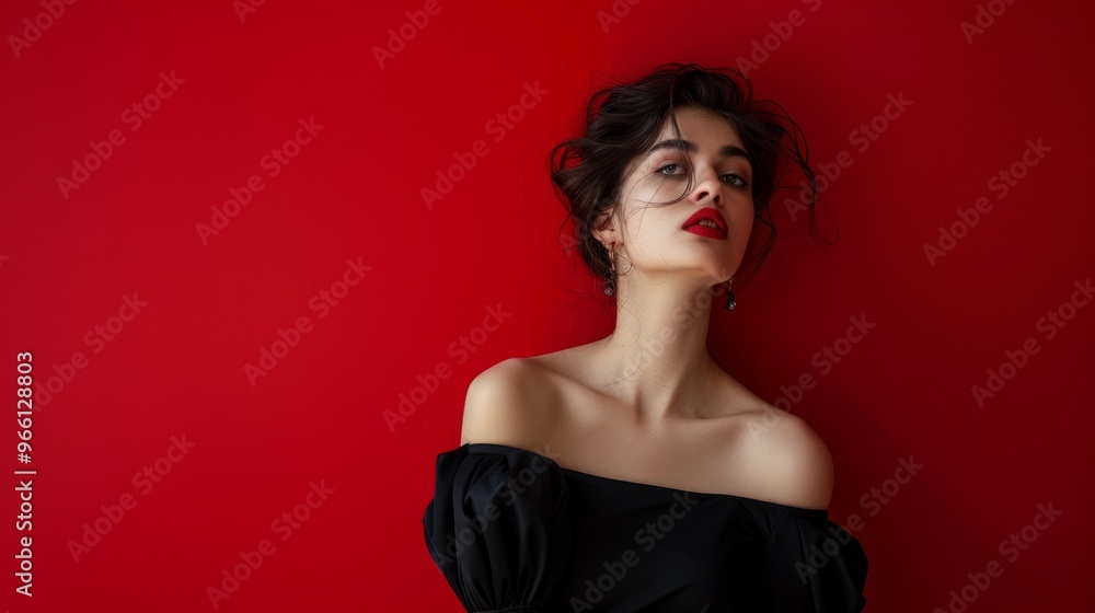 beautiful sexy woman in black dress on red background beautiful sexy woman in black dress on red background