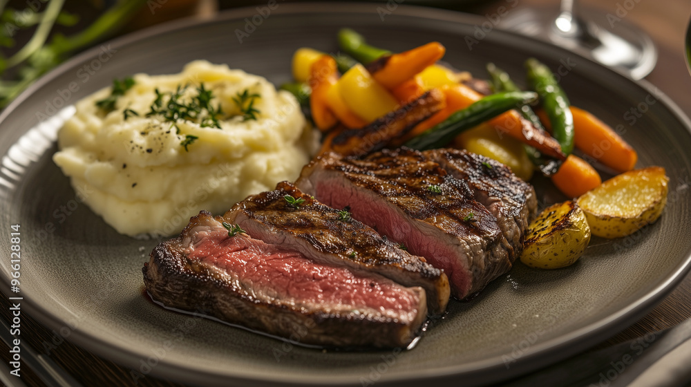A plate of seared steak served with mashed potatoes and vegetables A plate of seared steak served with mashed potatoes and vegetables