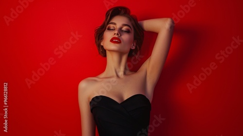 Wallpaper Mural beautiful sexy woman in black dress on red background Torontodigital.ca