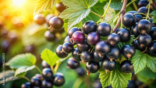 Closeup of ripe black currant berries on the bush in natural lighting