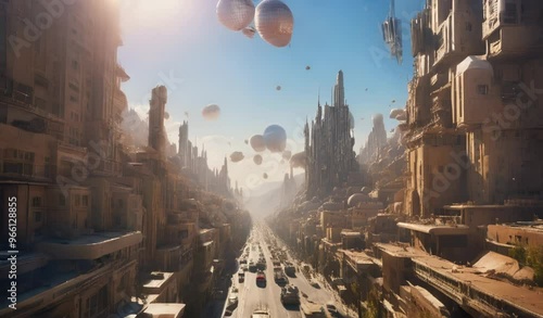 Futuristic Cityscape with Flying Vehicles and Balloons
