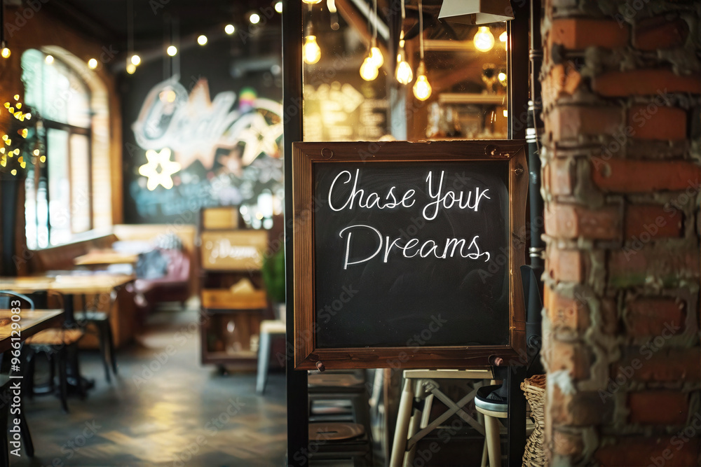 © Photocreo Bednarek - Chalkboard in cozy cafe displaying chase your dreams message