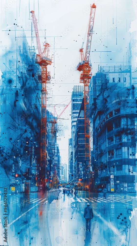 Obraz premium Abstract blueprint construction site with numerous cranes, buildings, and people working on it. Blue background. High-resolution photography, professional color grading, soft shadows, low contrast, an