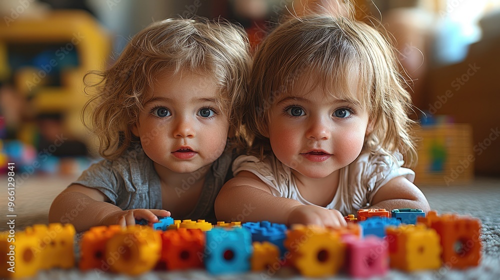 Happy children enjoying playtime with colorful toys on the cozy floor at home. Happy children enjoying playtime with colorful toys on the cozy floor at home.