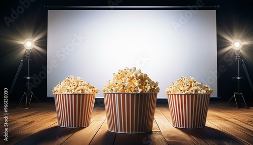 Three buckets of popcorn in front of a blank movie screen. Ready for your movie night advertisement.