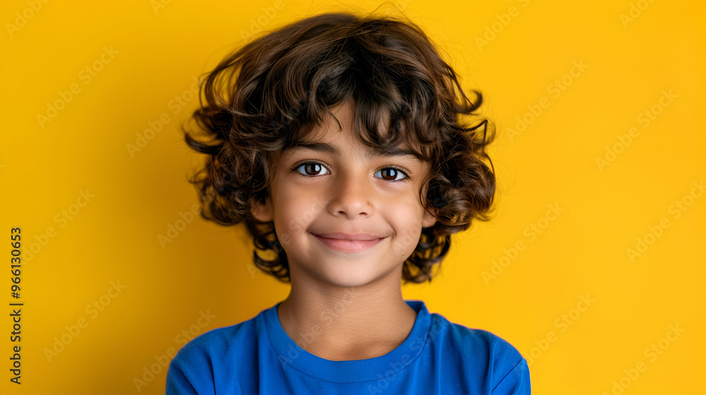 Portrait Smiling Boy Blue Shirt Against Yell Portrait Smiling Boy Blue Shirt Against Yell