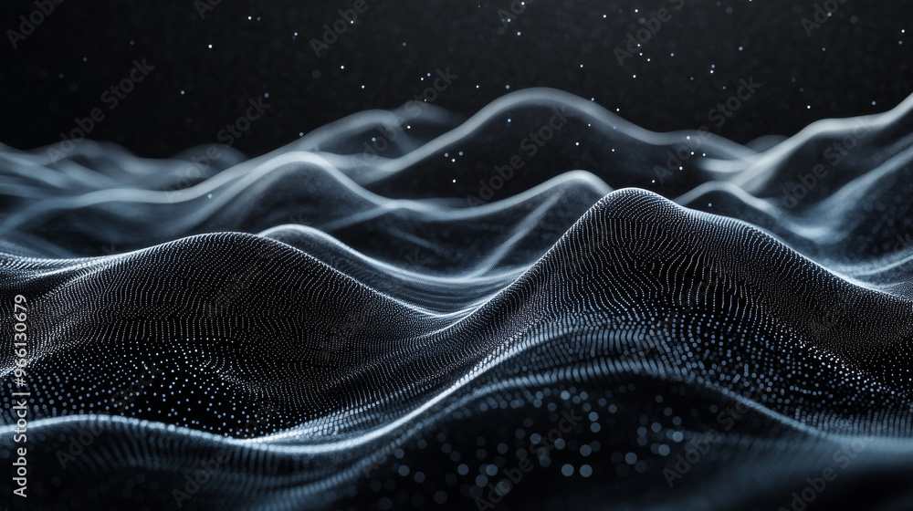 A futuristic design with smooth, flowing waves made of tiny dots. The lines create a blended, 3D effect. A futuristic design with smooth, flowing waves made of tiny dots. The lines create a blended, 3D effect.
