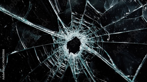 Shattered glass with a central hole, showcasing intricate cracks radiating outward against a dark background.