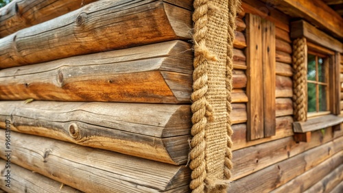 Wooden house corner sealed with oakum or natural hemp, showcasing traditional craftsmanship and durability