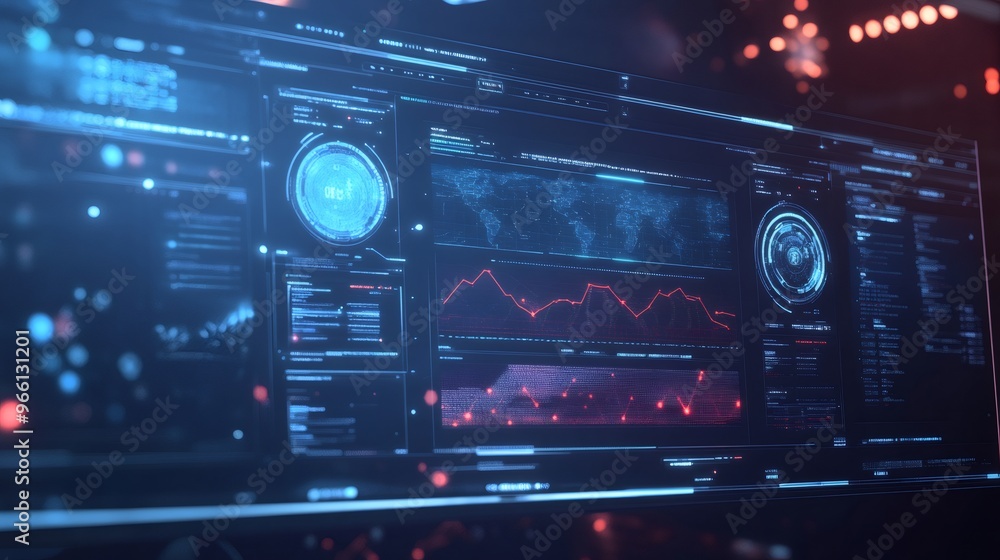 Futuristic digital interface on a computer screen with blue and red lights. The screen displays a world map, graphs, and code. Futuristic digital interface on a computer screen with blue and red lights. The screen displays a world map, graphs, and code.