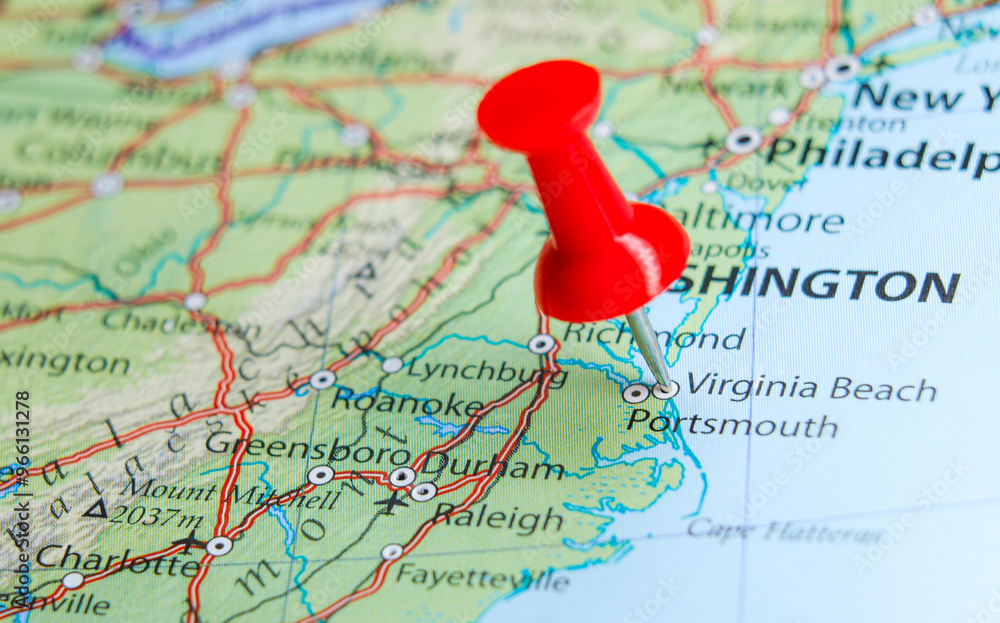 Virginia Beach, pin on map of USA Virginia Beach, pin on map of USA
