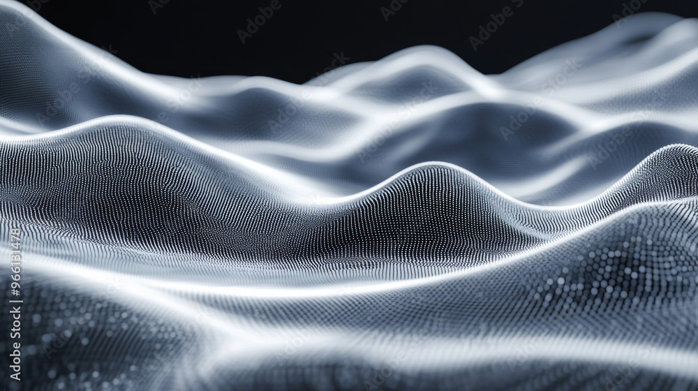 A futuristic design with smooth, flowing waves made of tiny dots. The lines create a blended, 3D effect. A futuristic design with smooth, flowing waves made of tiny dots. The lines create a blended, 3D effect.
