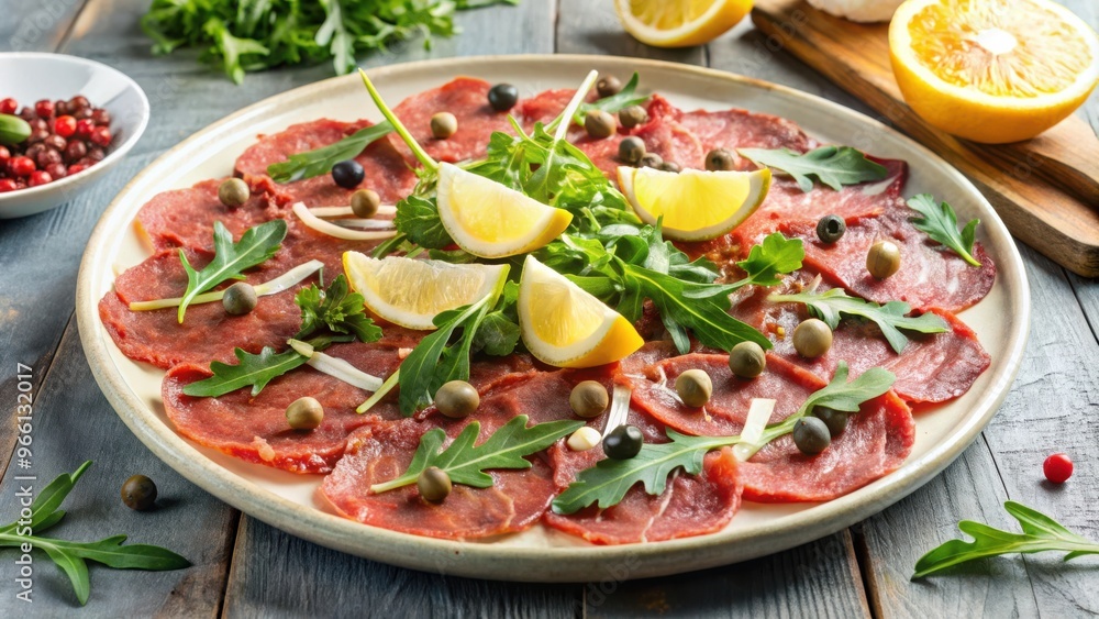 Fresh beef carpaccio topped with capers, parmesan, arugula, lemon, and olive oil Fresh beef carpaccio topped with capers, parmesan, arugula, lemon, and olive oil