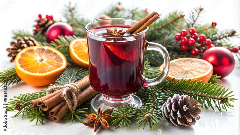 Hot Red Mulled Wine in a Festive Mood on a White Background for Christmas and New Year Hot Red Mulled Wine in a Festive Mood on a White Background for Christmas and New Year