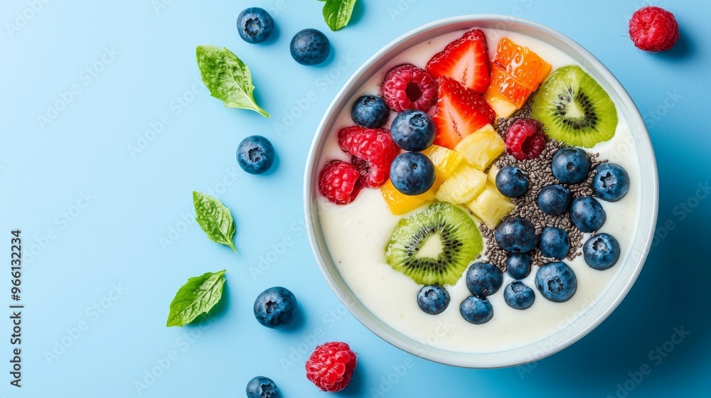 Design a smoothie bowl recipe that combines the fruits from this image, ensuring symmetry in taste, color, and nutritional balance Design a smoothie bowl recipe that combines the fruits from this image, ensuring symmetry in taste, color, and nutritional balance