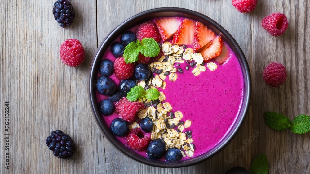Design a smoothie bowl recipe that combines the fruits from this image, ensuring symmetry in taste, color, and nutritional balance Design a smoothie bowl recipe that combines the fruits from this image, ensuring symmetry in taste, color, and nutritional balance