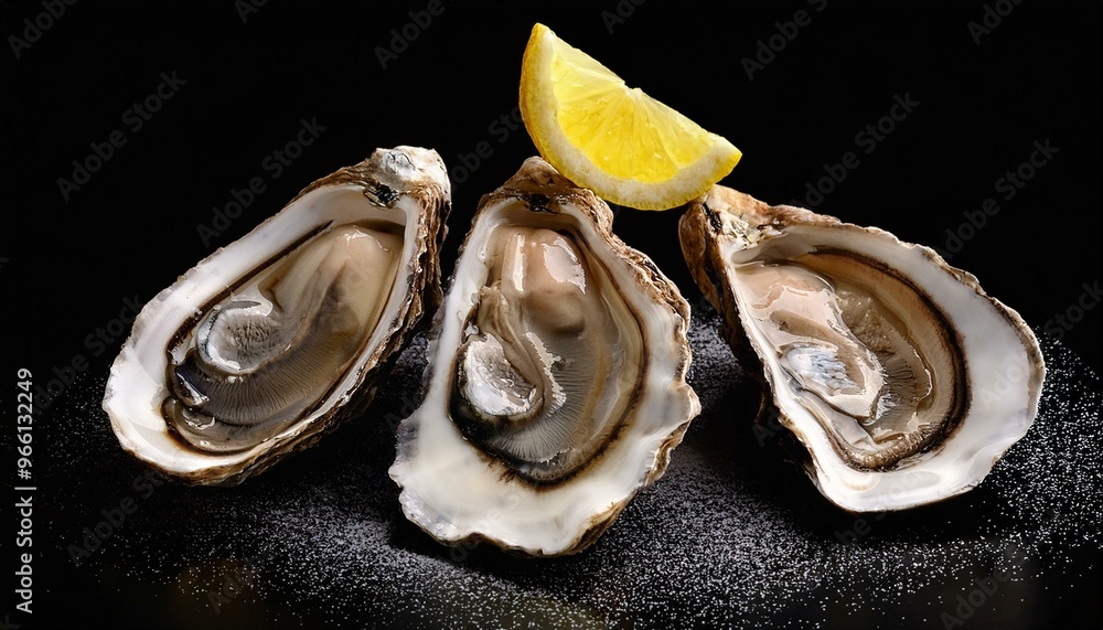 Three fresh oysters with a lemon wedge on a black background. Three fresh oysters with a lemon wedge on a black background.