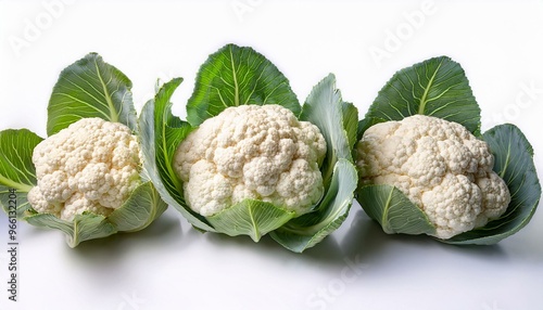 Three fresh caulifower heads with green leaves.