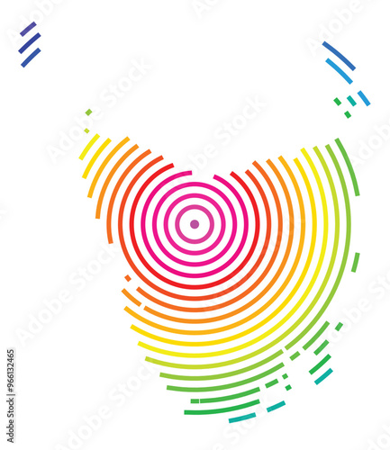Symbol Map of the State Tasmania (Australia) showing the territory with concentric circles in rainbow colors like a shooting target
