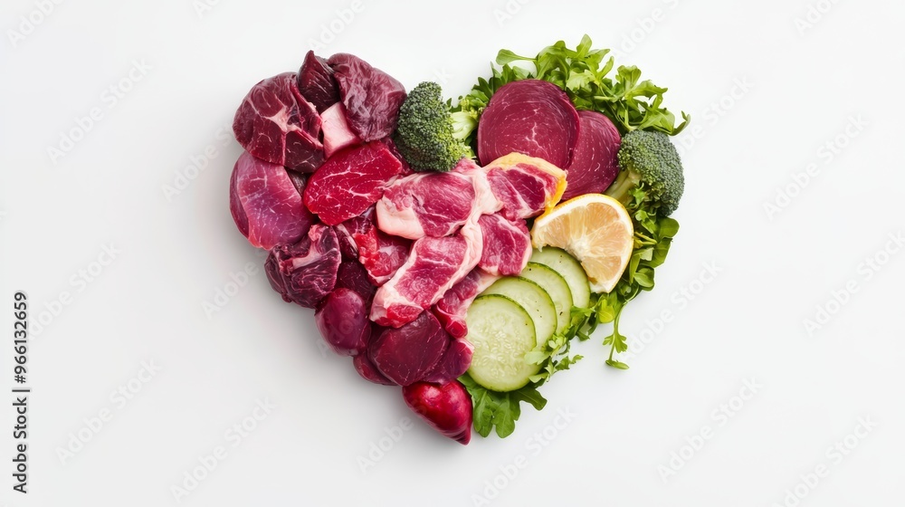 A vibrant heart-shaped arrangement of fresh meats and vegetables symbolizing love for healthy eating and culinary creativity. A vibrant heart-shaped arrangement of fresh meats and vegetables symbolizing love for healthy eating and culinary creativity.