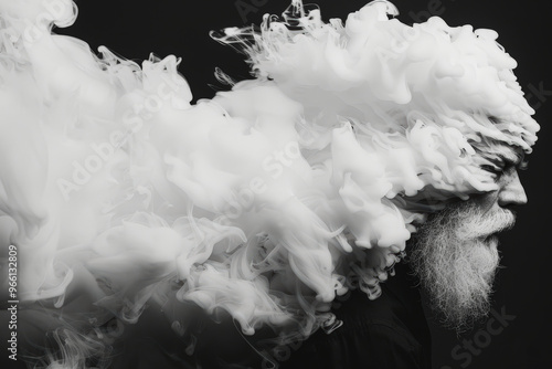 Ethereal silky smoke patterns emanate from a bearded figure against a dark background photo