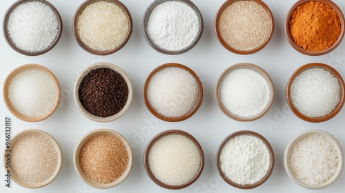 Close-up of a variety of sugar types--white, brown, raw, and powdered--neatly arranged in small bowls, showcasing their textures and colors