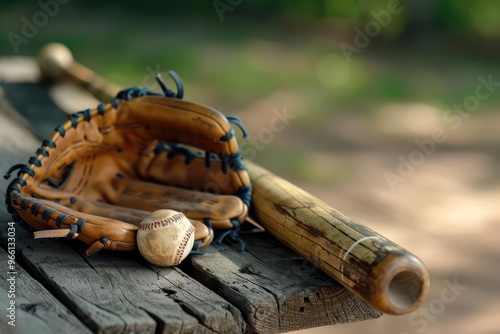 A vintage baseball bat and glove displayed on an old wooden bench photo